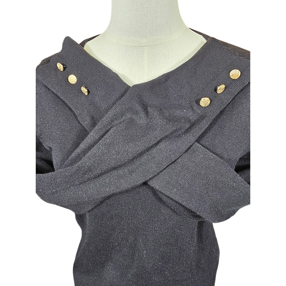 Tahari T Womens Black V-Neck Sweater Gold Button Cuff Viscose Blend Medium